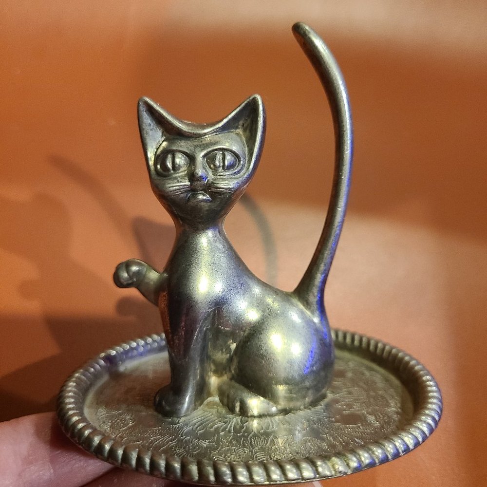 Vintage Siamese Cat Ring Holder Dish Zellers Silver Plated E.P Zinc, Kitten 3.5"